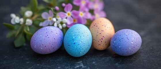 Obraz premium Three speckled eggs rest beside a vibrant bouquet of flowers, celebrating the spirit of Easter.