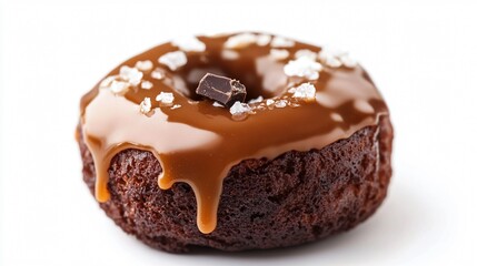Close up of a gluten-free chocolate doughnut with a glossy caramel glaze and sea salt flakes, isolated on white