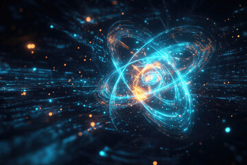 Fototapeta premium Glowing particles forming atomic structure, illustrating scientific concept in brilliantly lit environment. Image showcases dynamic movement and energetic visualization