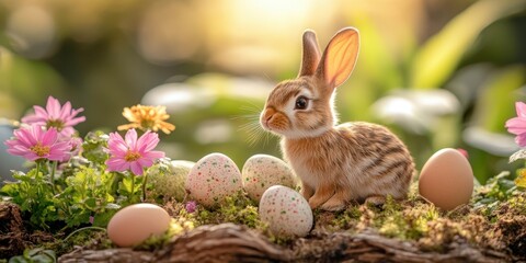 A small rabbit rests in a vibrant garden surrounded by colorful Easter eggs.