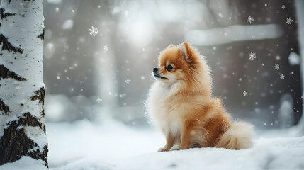 A tiny Pomeranian sitting adorably by a snow-covered birch tree fresh snowflakes dotting its fluffy fur.