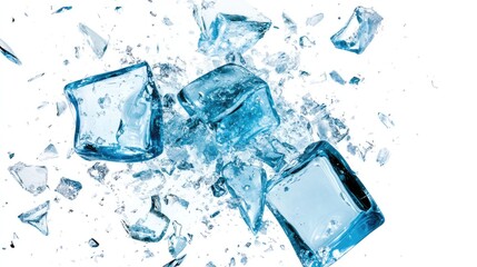 Detailed Close-Up of Fractured Ice Cubes, Grunge Texture with Blue Tones, Isolated Background for a Frozen Aesthetic
