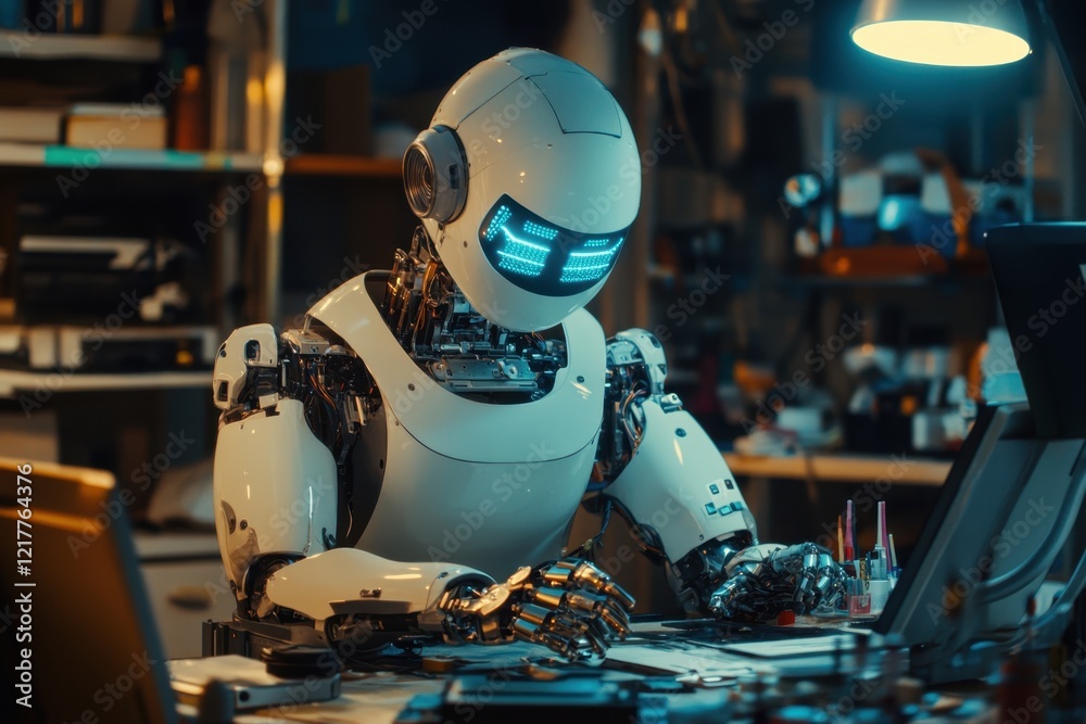 Poster robot engaging in advanced computing tasks in a modern workspace at night