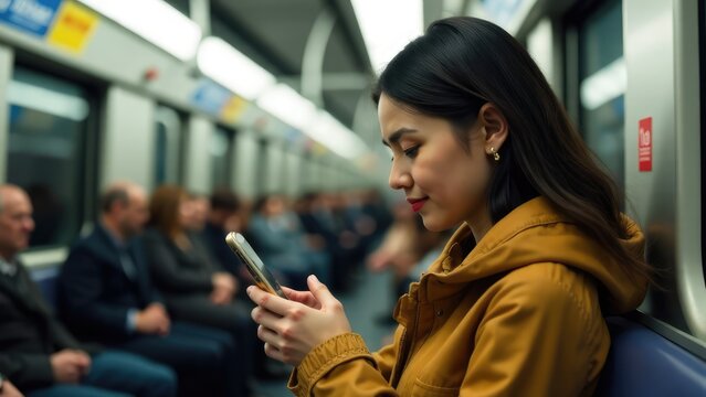 A young woman is using a mobile phone while riding on a subway train with other passengers in the background. Concept of urban commuting.