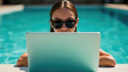 A young woman wearing sunglasses is using a laptop by a turquoise swimming pool. Concept of working remotely.