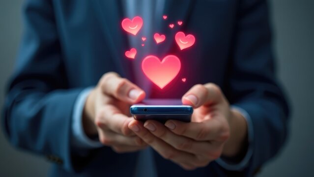 A person holding a smartphone receives a notification of glowing heart symbols. Concept of online affection.