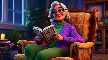 Grandmother Reading Book Realistic 3D cartoon style illustration.