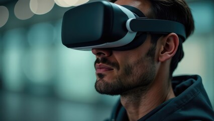 A man with a beard is wearing a virtual reality headset, looking engaged in the experience. Concept of digital immersion.