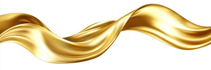 A high-resolution single gold ribbon, elegantly twisted and curled into a flowing horizontal wave, isolated as PNG cutout on a transparent background with smooth, sharp edges.