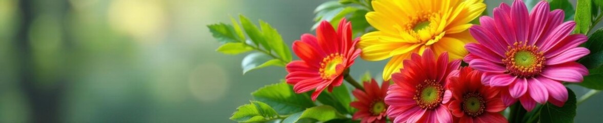 Freshly cut bouquet of colorful flowers with lush green leaves, spring, nature