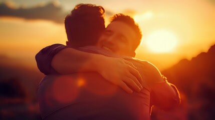 Emotional silhouette of two people embracing at sunset, backlit by golden sunlight. Perfect for themes of reconciliation, family bonds, friendship, and emotional support in lifestyle designs.