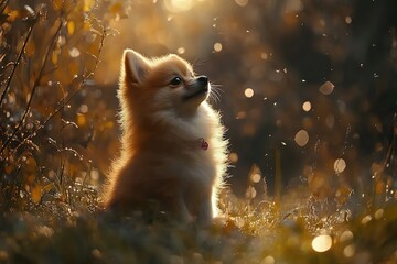 Obraz premium Side view of a cute pet dog with long brown fur sitting and looking up at something in a forest full of dry grass
