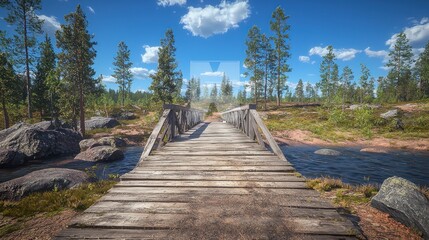 Fototapeta premium Rustic wooden bridge crossing stream, forest background, sunny day, nature scene