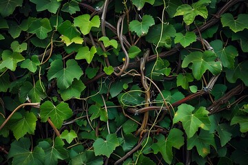 Closeup of a dense, vibrant green ivy wall. Twisted vines intertwine with lush leaves, creating a textured, natural backdrop of deep green shades. A rich botanical pattern.