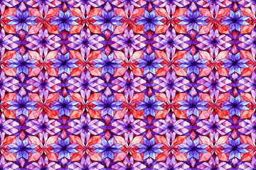 Seamless watercolor red and purple abstract kaleidoscope style pattern