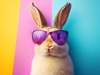 Cool bunny with sunglasses on colorful background