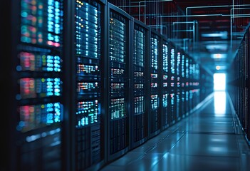 Data center with advanced server technology illuminated by LED lights in a modern facility