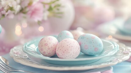 Obraz premium Four colorful eggs rest on a decorative plate atop a wooden table, symbolizing Easter festivities and traditions.