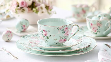 A festive Easter table setting featuring a tea cup, saucer, and decorative plates for a joyful celebration.