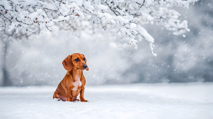 A vibrant dachshund sitting in front of a snow-covered cherry tree its small size contrasting with the snowy expanse around it.