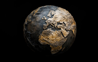 Golden texture Earth globe on a dark background with detailed continents