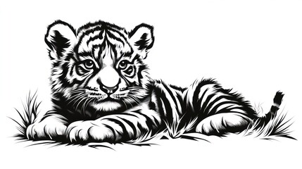 Obraz premium Tiger cub lying in grass, isolated background, vector illustration, for educational use