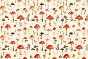 Seamless red and brown mushroom watercolor pattern