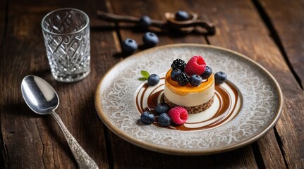 Pancake decorated with fresh raspberries and blueberries, drizzled with syrup, ready dessert.