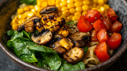 Fototapeta premium A vibrant vegetarian ramen bowl with soy-based broth grilled corn spinach and shiitake mushrooms.