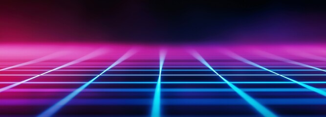 Neon grid with pink and blue lines on dark background. Retro wave 3D render style. Synthwave and cyberpunk concept. Image for gaming and music content. Perspective view with copy space.