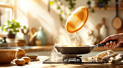Pancake Flipped in Air, Cooking and Flipping Pancakes   Frying Pan and Stove Bright Kitchen Background