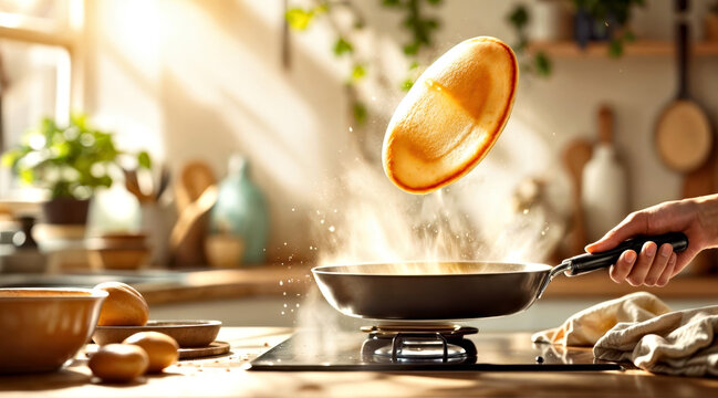 Pancake Flipped in Air, Cooking and Flipping Pancakes   Frying Pan and Stove Bright Kitchen Background