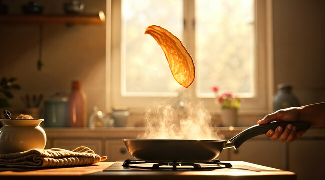 Pancake Tossed in Air, Cooking and Flipping Pancakes   Frying Pan and Stove Background 