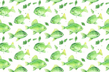 Seamless green fish watercolor pattern