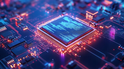 Obraz premium High-tech digital landscape with 3D rendering of microchips, binary code, holograms, and interconnected networks, showcasing advanced technology in a sleek environment