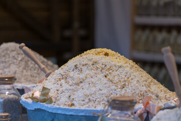 Fragrant salt as a bath additive. For sale on the market.