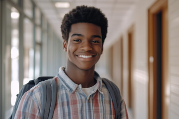 Fototapeta premium Smiling young black male student with backpack in high school hallway, back-to-school concept