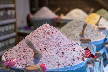 Fragrant salt as a bath additive. For sale on the market.