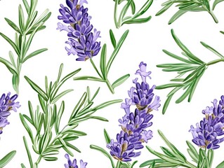 Fototapeta premium A Seamless Pattern of Purple Lavender Flowers and Green Rosemary Sprigs on a White Background