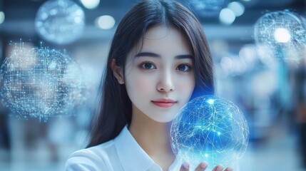 Woman holding a futuristic digital globe, technology, innovation, connection, network, digital world