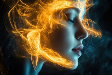 Creative portrait of a woman with fiery smoke effect around her head