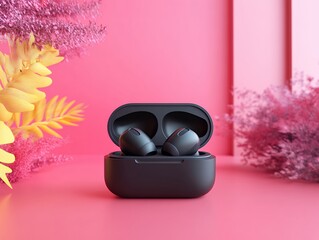 Wireless Earbuds in a Sleek Charging Case Against a Vibrant Pink Backdrop With Decorative Plants