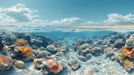 Underwater Coral Reef Teeming With Marine Life Beneath a Bright Blue Sky at Midday