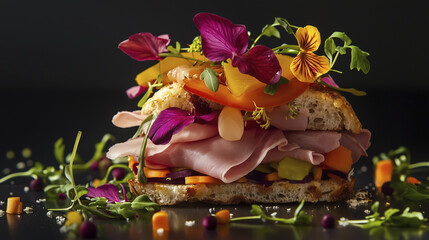Sandwich with vegetables flowers. Table, vegetable, petals, flowers salad, dish, dark, background. Dark background with salad and dish. A dish of vegetables and flowers on a dark lifestyle salad.