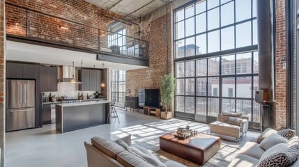 A modern loft apartment with exposed brick walls, large windows, and industrial-style lighting