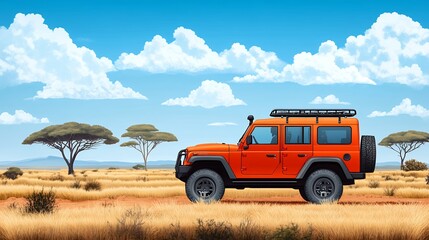 Obraz premium Off-roading Adventure Through the Savanna With an Orange SUV Exploring the Scenic Landscape Under a Blue Sky With Scattered Clouds