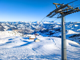 Aerial drone view of snow covered ski slopes at Stoos,Switzerland