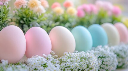 Colorful eggs arranged in a row, surrounded by vibrant flowers, celebrating the joy of Easter.