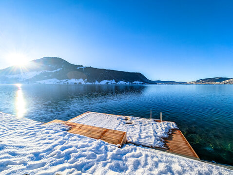 Winter Lake Aegeri behind Rigi and Pilatus, Gottschalkenberg, Canton Zug, Switzerland