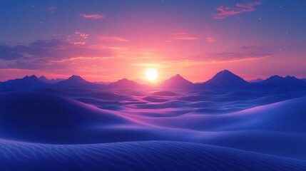 Fototapeta premium Vibrant Sunset Casting Colorful Hues Over Tranquil Desert Dunes and Distant Mountains at Twilight